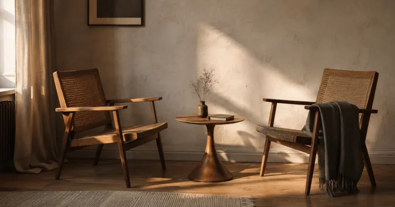 Two chairs facing each other across a small table with one seat empty in soft late-afternoon light