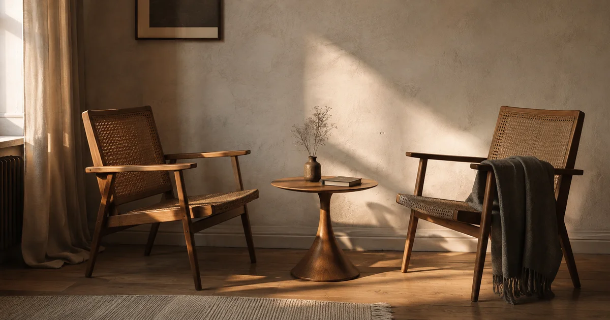 Two chairs facing each other across a small table with one seat empty in soft late-afternoon light