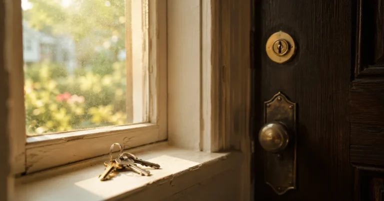 A set of keys resting on a windowsill beside a locked front door in soft morning light