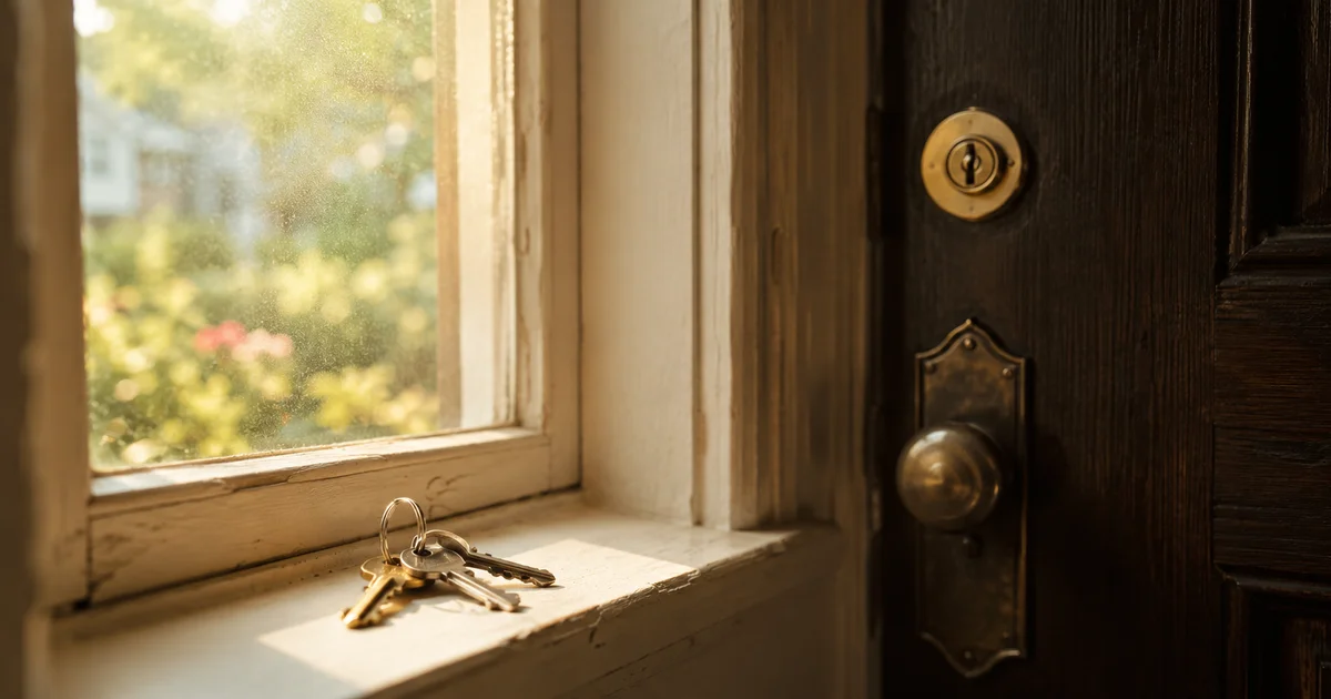 A set of keys resting on a windowsill beside a locked front door in soft morning light