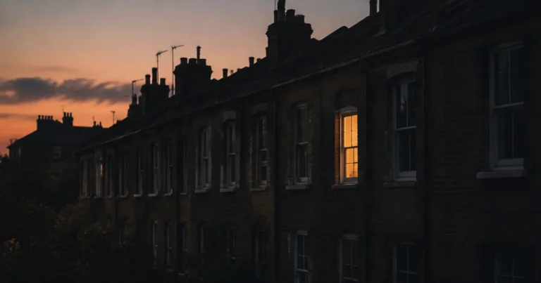 A single lit window in an otherwise dark row of houses at dusk