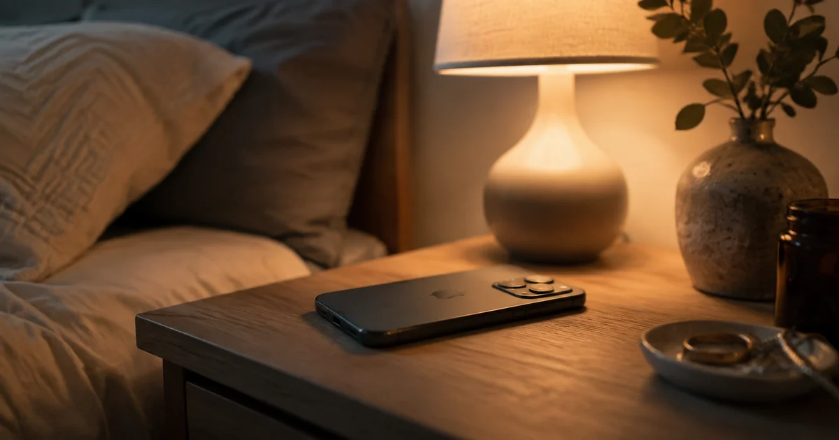 A smartphone resting face-down on a nightstand under soft lamp light