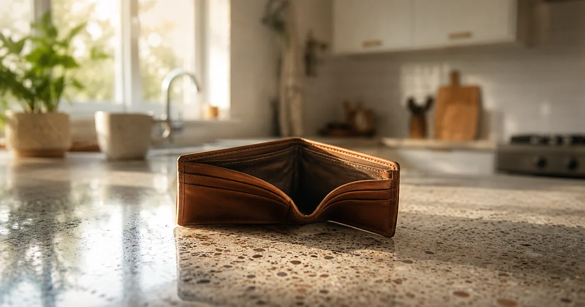 An empty wallet resting open on a kitchen counter in soft morning light