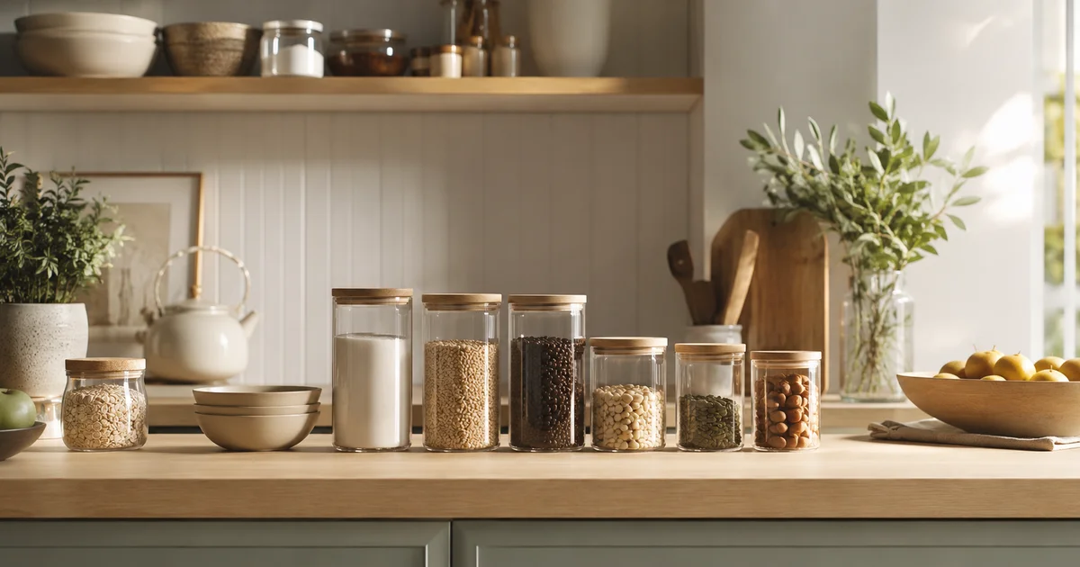A kitchen counter with items arranged in unnaturally precise rows under soft morning light