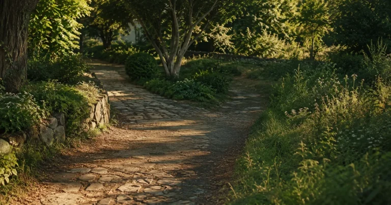 A fork in a quiet garden path, one direction well-worn and the other overgrown, in soft afternoon light