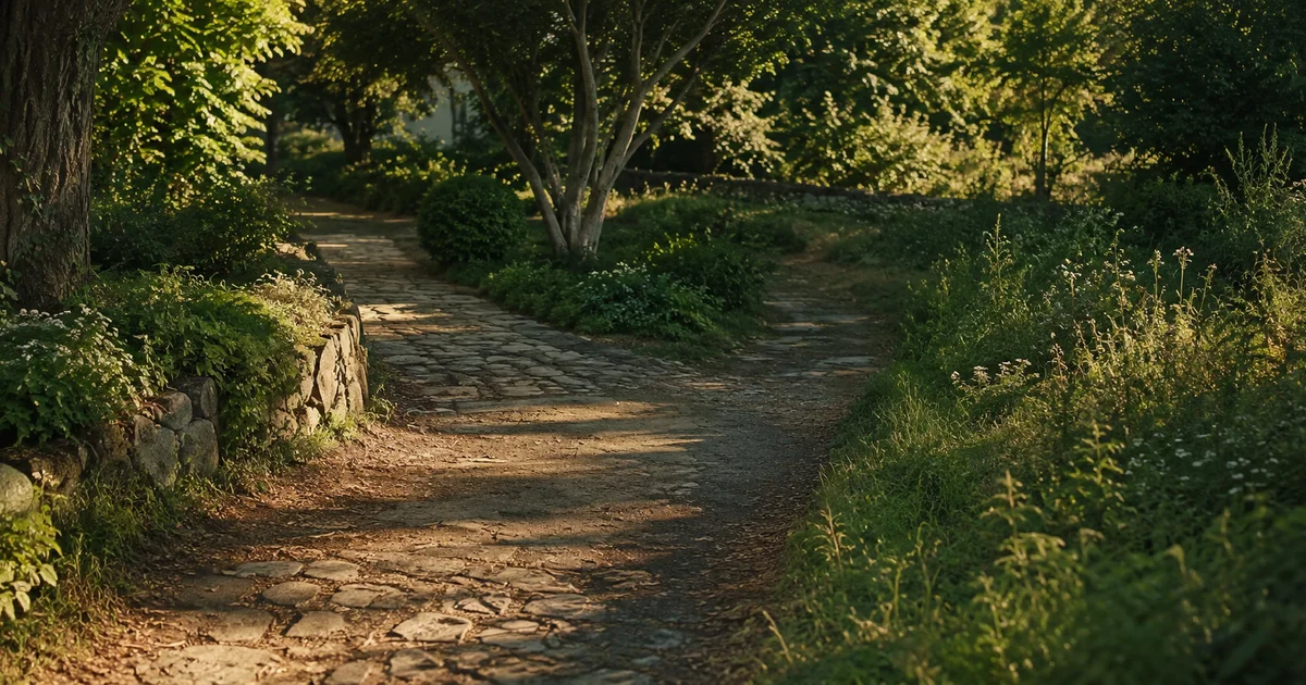 A fork in a quiet garden path, one direction well-worn and the other overgrown, in soft afternoon light