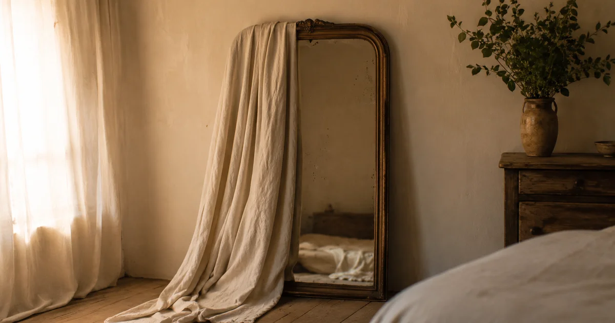 An old mirror partially covered by a draped cloth in soft bedroom light
