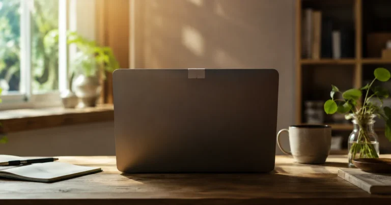 A laptop with a small piece of tape covering its camera resting on a desk in soft window light