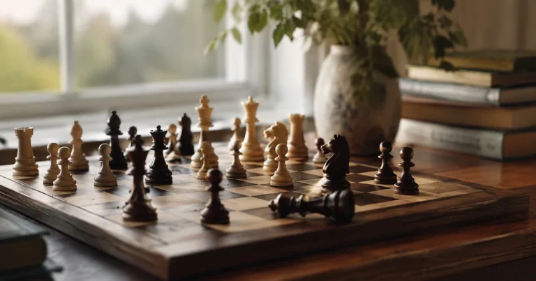 A chess board mid-game with one piece knocked over in soft window light
