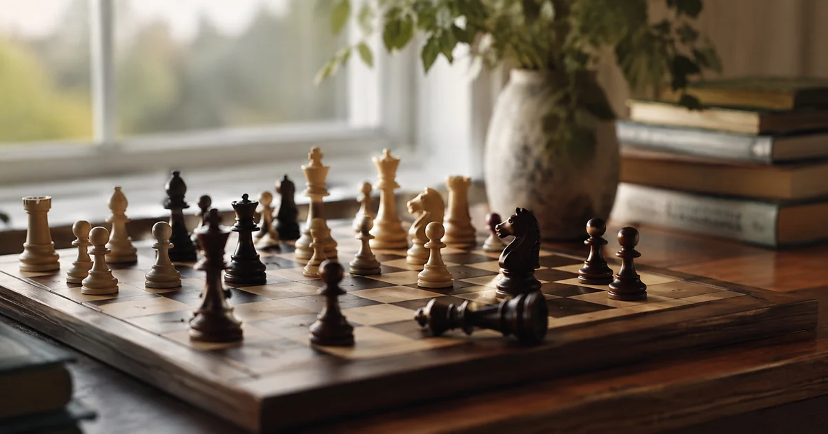 A chess board mid-game with one piece knocked over in soft window light