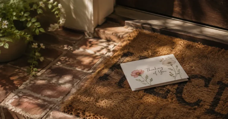 A single greeting card left unopened on a doormat in soft morning light