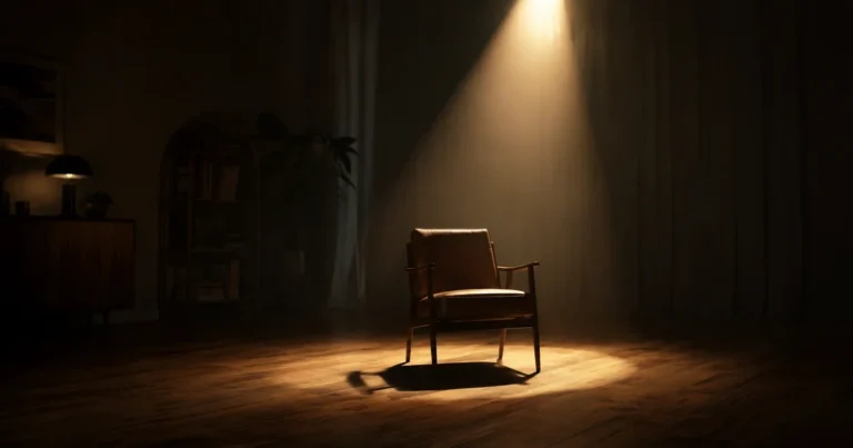 A single spotlight illuminating an empty chair while the rest of the room stays dim