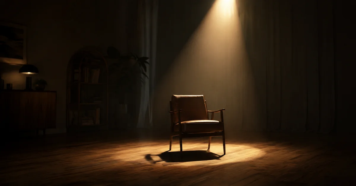 A single spotlight illuminating an empty chair while the rest of the room stays dim