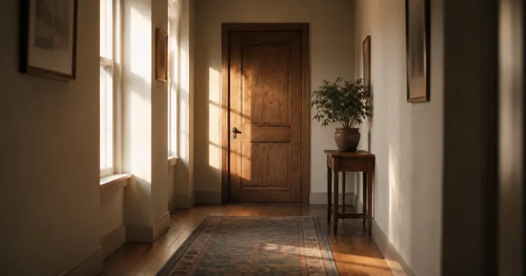 A single closed door at the end of a quiet hallway in soft afternoon light