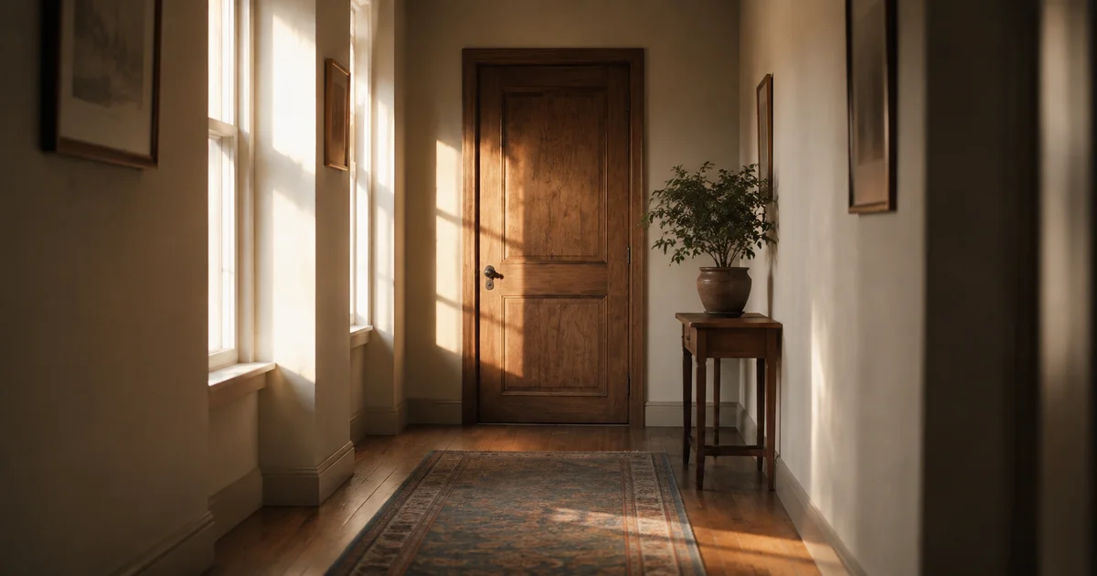 A single closed door at the end of a quiet hallway in soft afternoon light