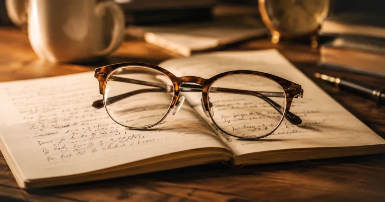 A pair of glasses resting on an open notebook with slightly blurred handwriting visible through the lenses