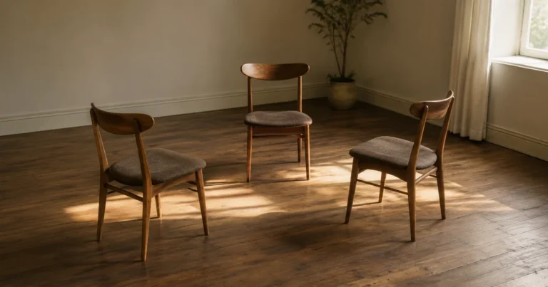 Three empty chairs arranged in a triangle in an otherwise empty room in soft afternoon light