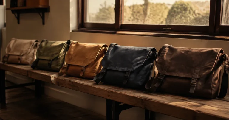 Several empty messenger bags lined up on a bench in soft late-afternoon light