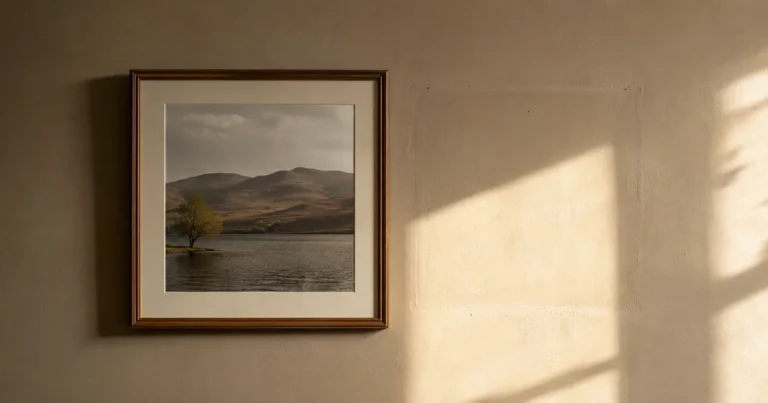 A single framed photograph on a wall with a faint outline where another frame once hung beside it