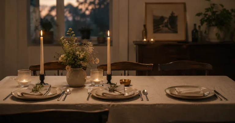Two place settings at a table with a third, unused place setting beside them under soft evening candlelight