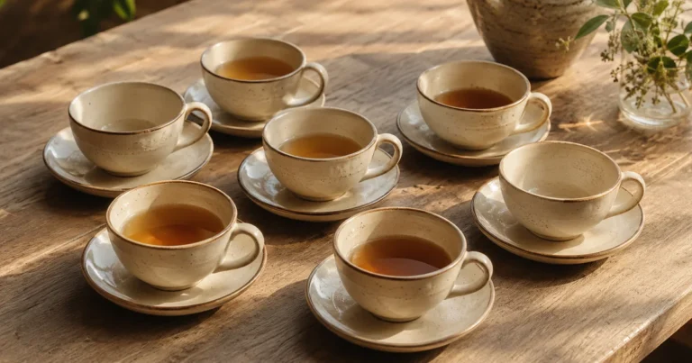 Several identical teacups arranged around a table, each poured to a different level, in soft morning light