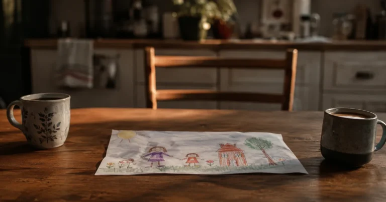 A child's drawing left on a kitchen table beside two coffee cups on opposite ends in soft morning light