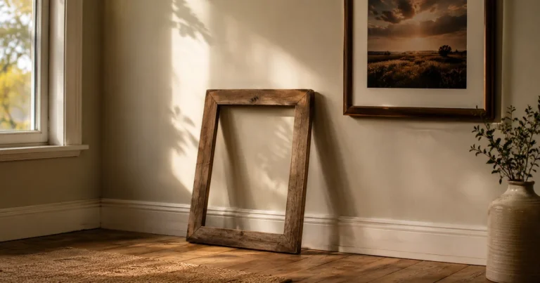 A single empty picture frame leaning against a wall near a newly hung photograph in soft afternoon light