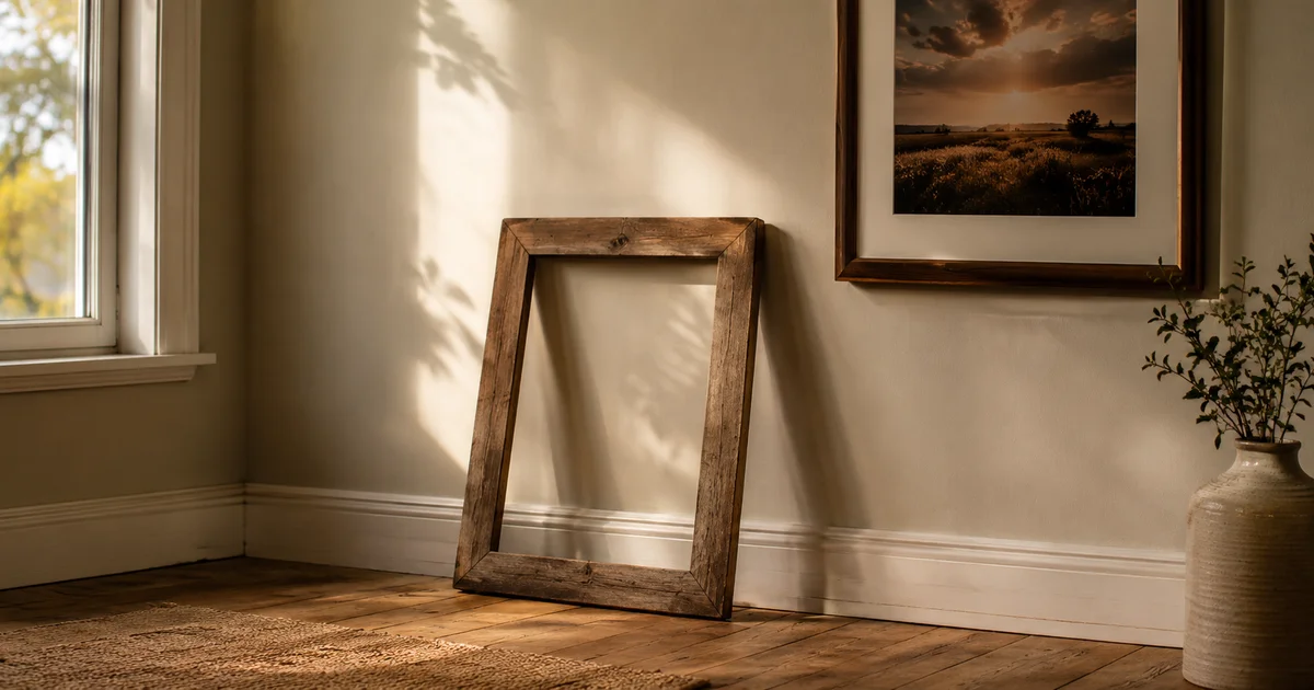 A single empty picture frame leaning against a wall near a newly hung photograph in soft afternoon light