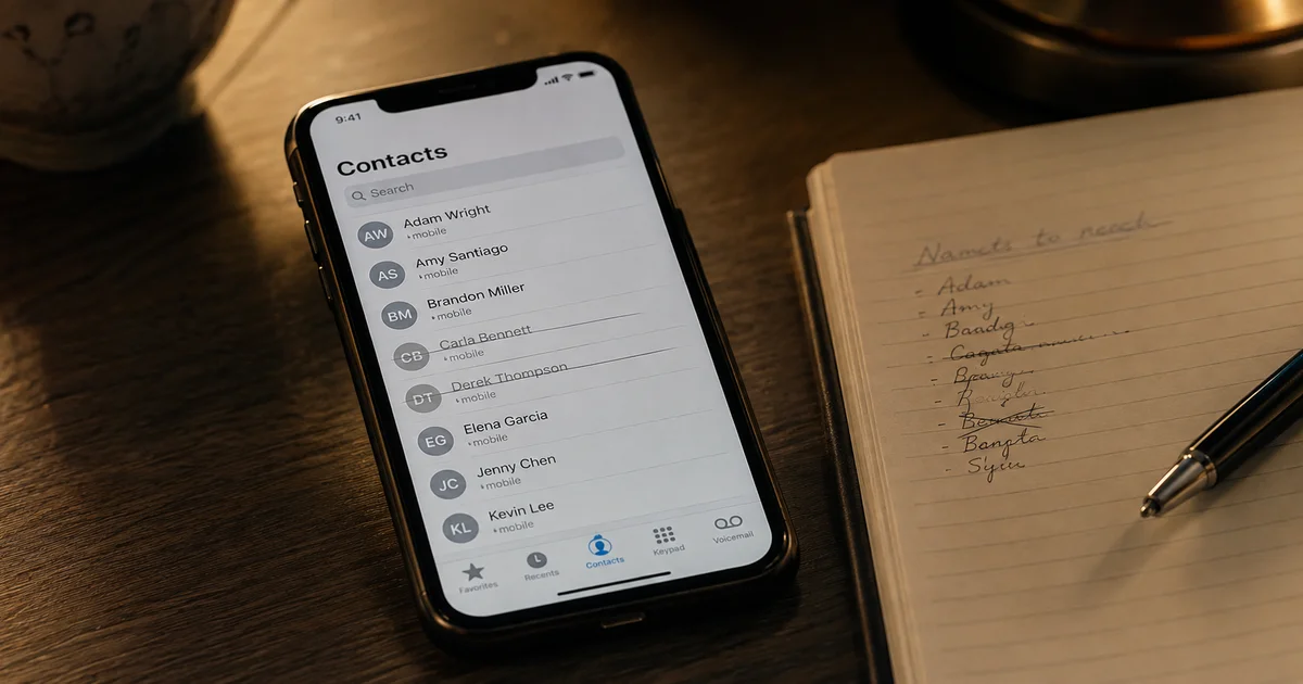 A phone contact list displayed on a desk beside a notebook with several entries faded or crossed out