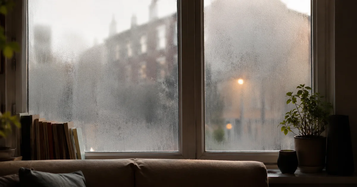 A condensation-fogged window inside a quiet room, blurring the street outside into soft shapes