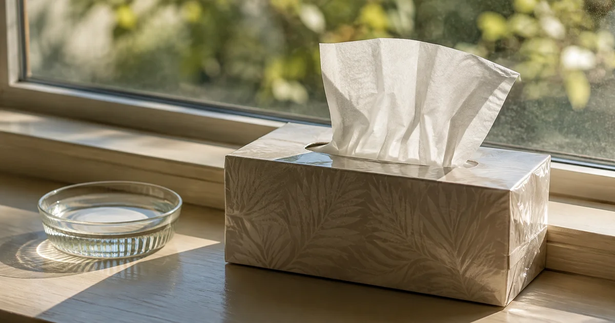 An unopened box of tissues on a sunlit windowsill, its cellophane wrapper still sealed