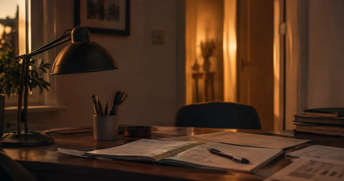 A desk lamp switched off at dusk with papers still spread out, warm light in a distant doorway