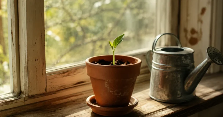A small terra cotta pot with a new green sprout on a sunlit windowsill beside a watering can
