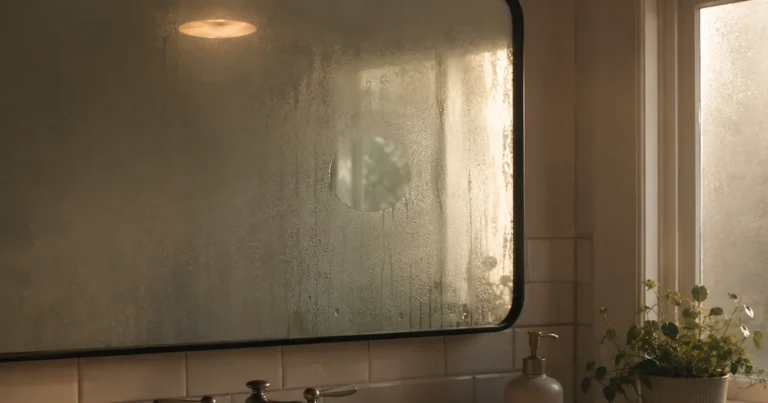 A fogged bathroom mirror with a small hand-cleared circle catching soft morning light