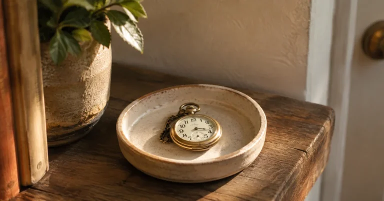 A vintage pocket watch placed carefully in a small ceramic dish on an entryway shelf