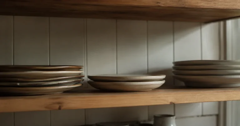 Two plates stacked with no gap between them on a shelf, beside plates spaced normally