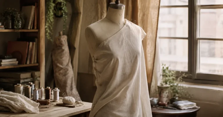 A tailor's dress form draped in unfinished, pinned fabric beside spools of thread