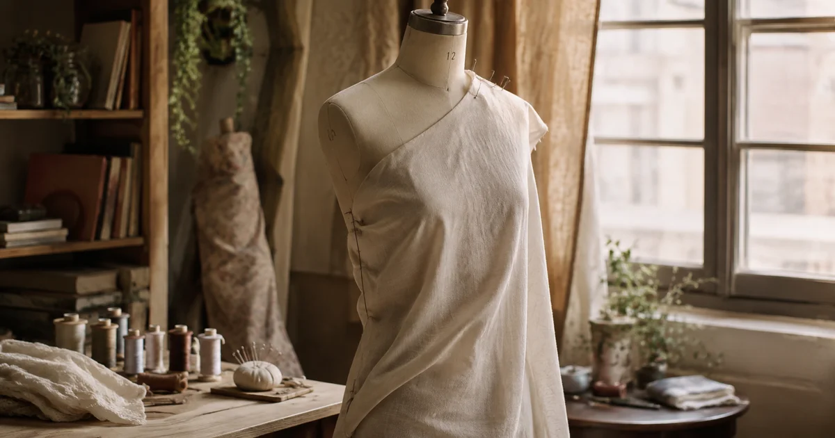A tailor's dress form draped in unfinished, pinned fabric beside spools of thread