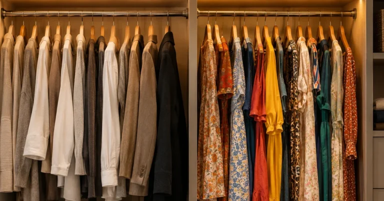 A closet rail holding two visibly different wardrobes of clothing, one muted and one vivid