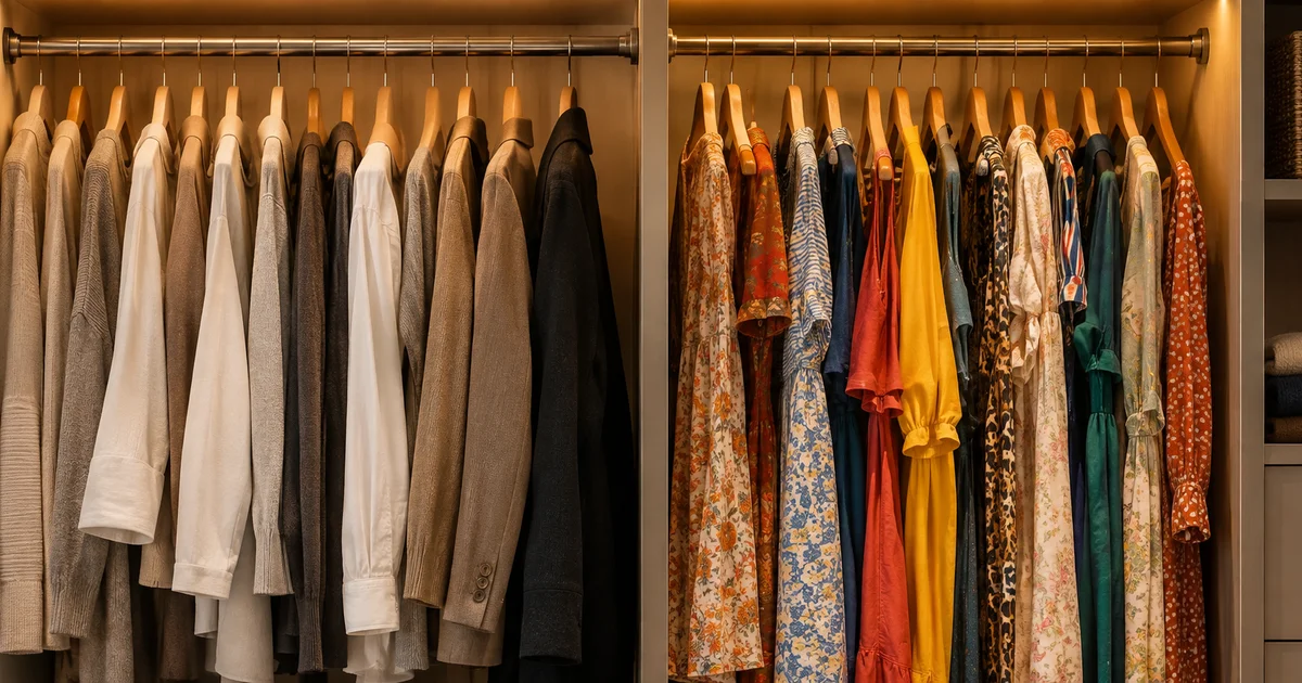 A closet rail holding two visibly different wardrobes of clothing, one muted and one vivid