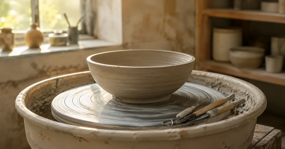 A still potter's wheel holding an unfinished clay bowl beside simple shaping tools