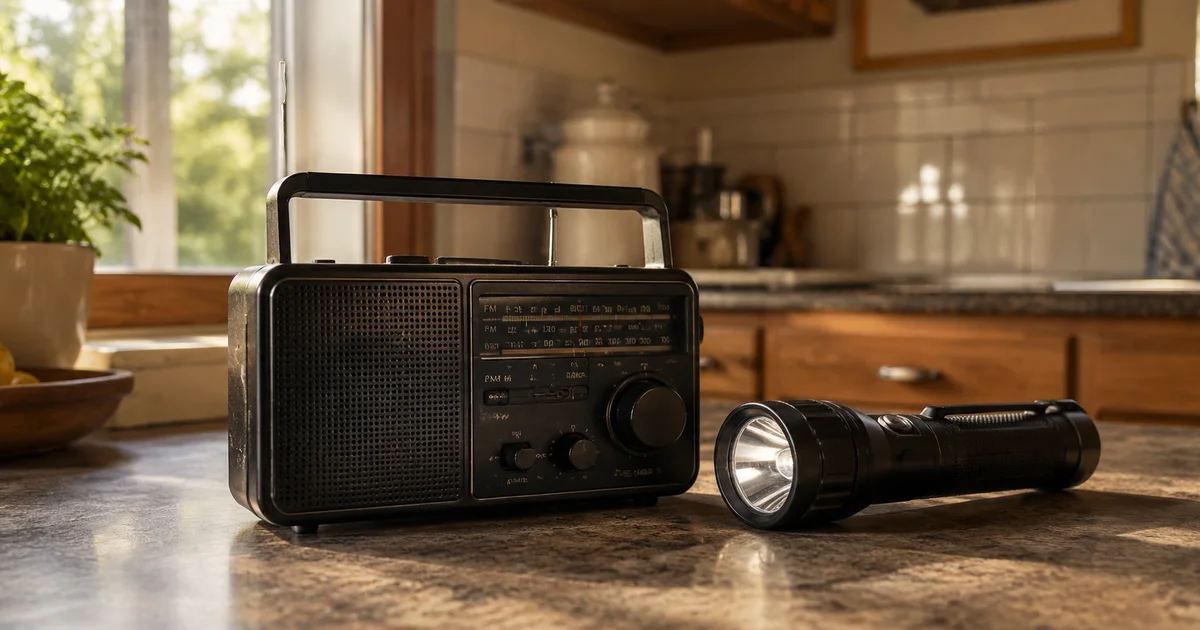 A flashlight and battery radio resting side by side on a sunlit kitchen counter