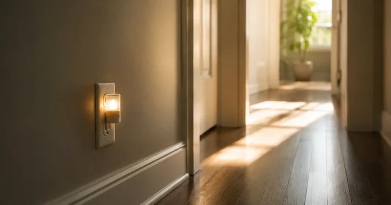 A small night-light glowing in a hallway outlet during broad daylight