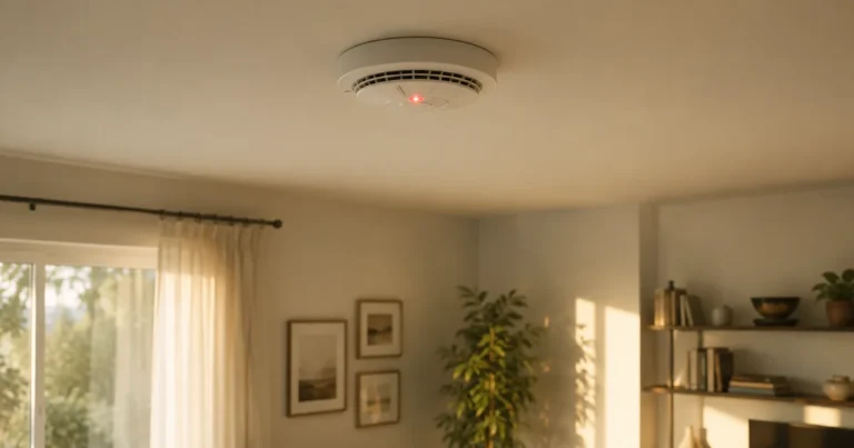 A smoke detector's small indicator light blinking on a plain ceiling