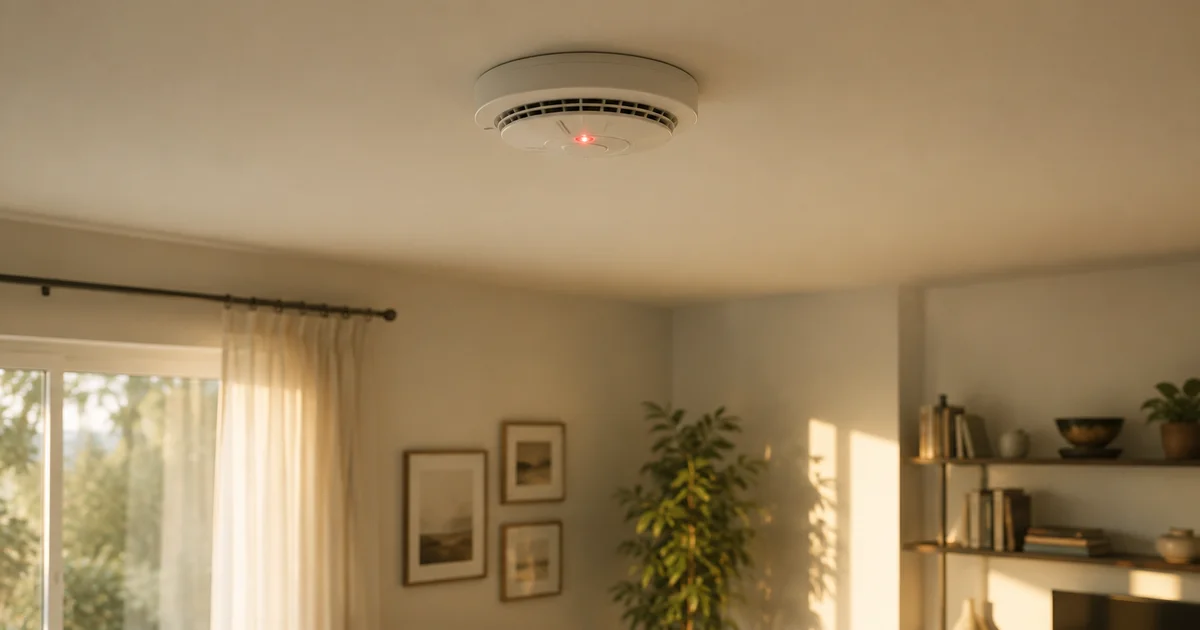 A smoke detector's small indicator light blinking on a plain ceiling