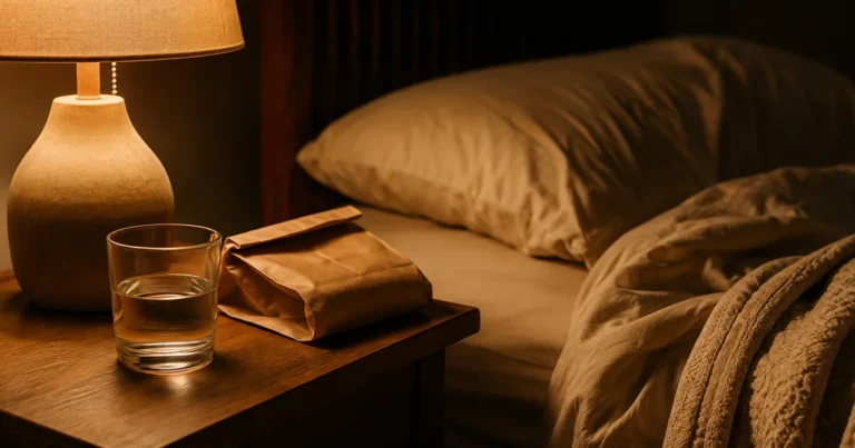 A glass of water and a folded paper bag on a bedside table beside a lit lamp