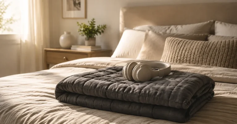 A folded weighted blanket and headphones resting on a made bed in morning light