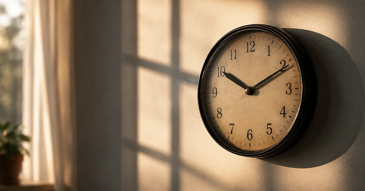 A stopped wall clock casting a long morning shadow in a quiet room