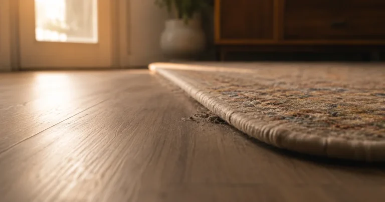 A small pile of dust swept just under the edge of a rug in a sunlit room