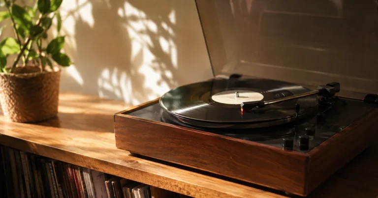 A vintage record player's needle caught repeating in a single groove